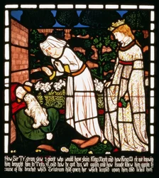 Sir Tristan on tunnustettu Isolde The Fair -koiralta, The Story of Tristan and Isolde, William Morris und Co. (lasimaalaus)